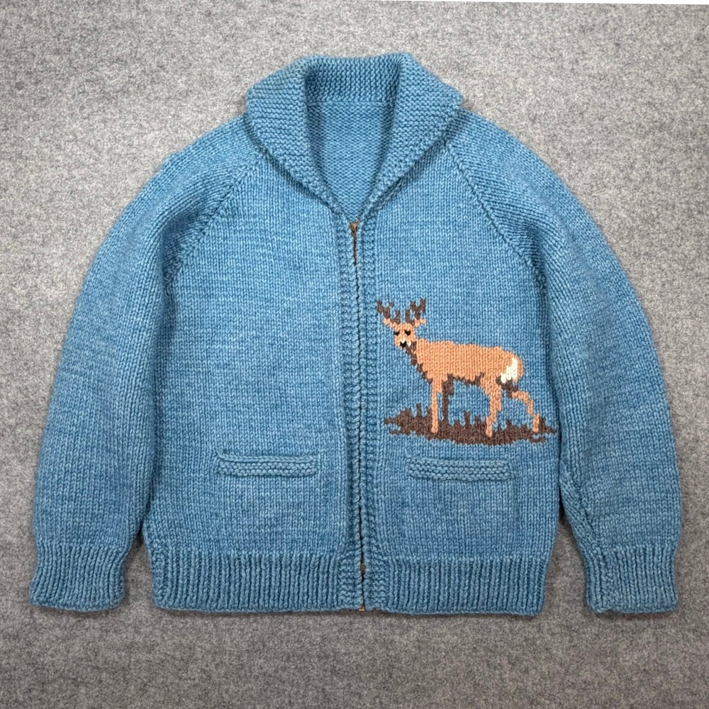 Vtg 50s Mary Maxim 855 Whitetail Deer Cowichan Wool Cardigan Sweater L Talon PFH